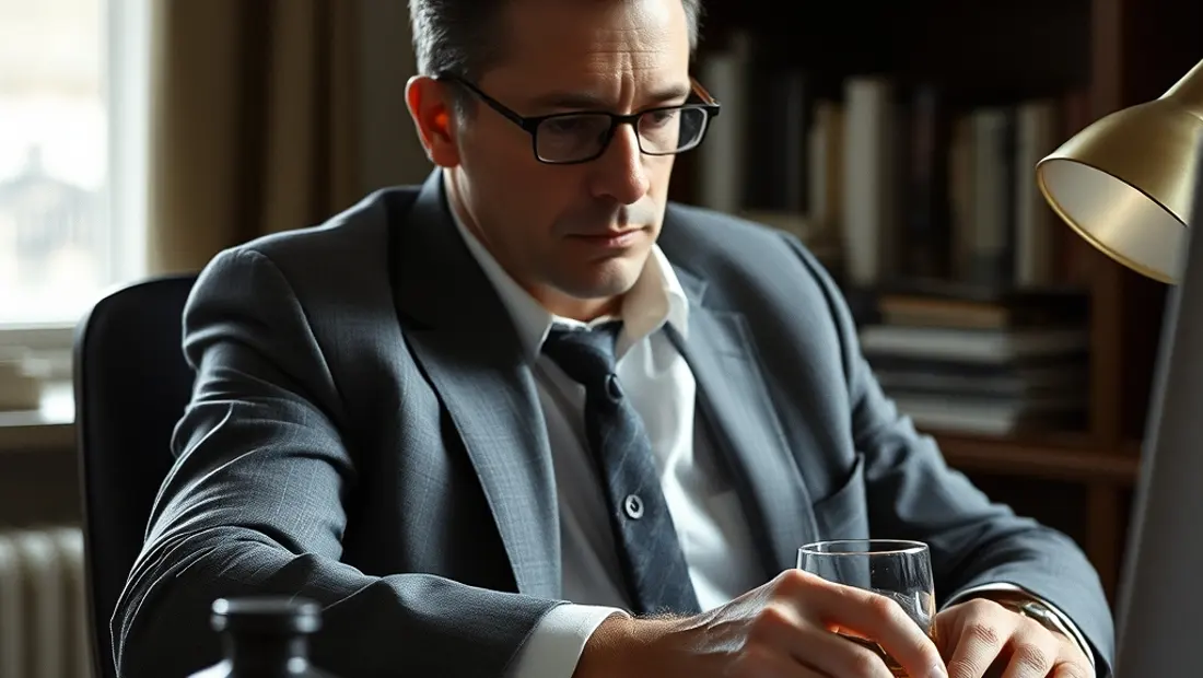 Journaliste au bureau avec un verre de whisky.