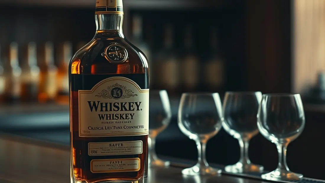 Bouteille de whiskey sur un bar en bois sombre.