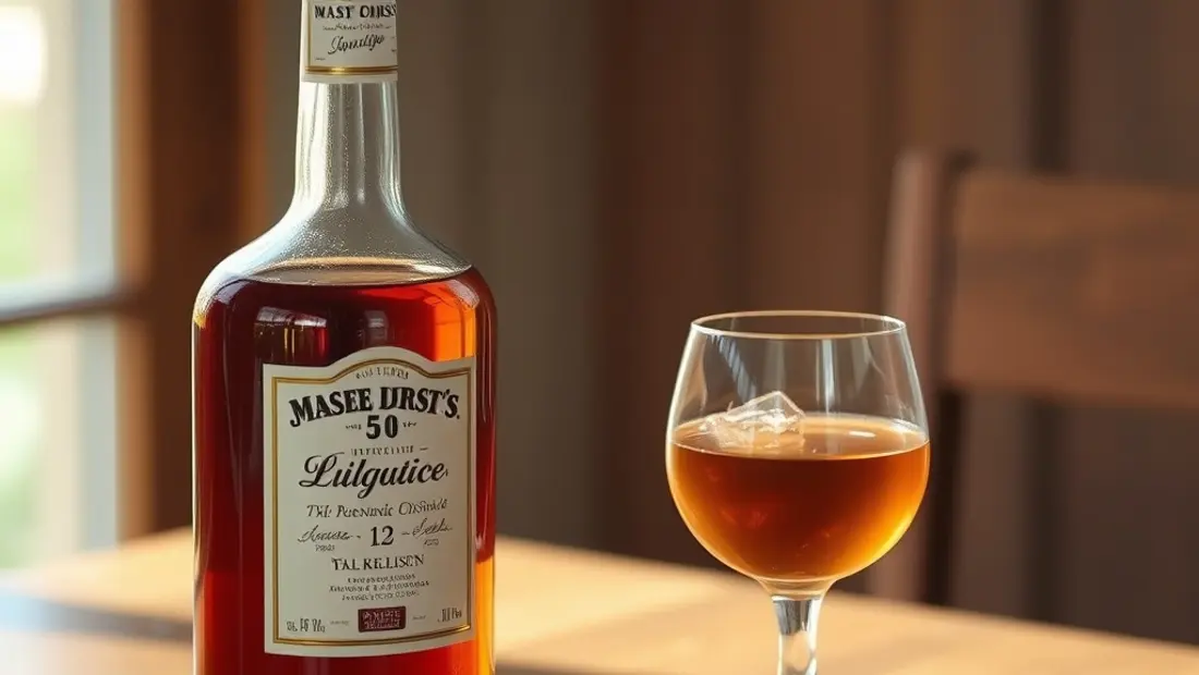 Bouteille de liqueur et verre sur une table.