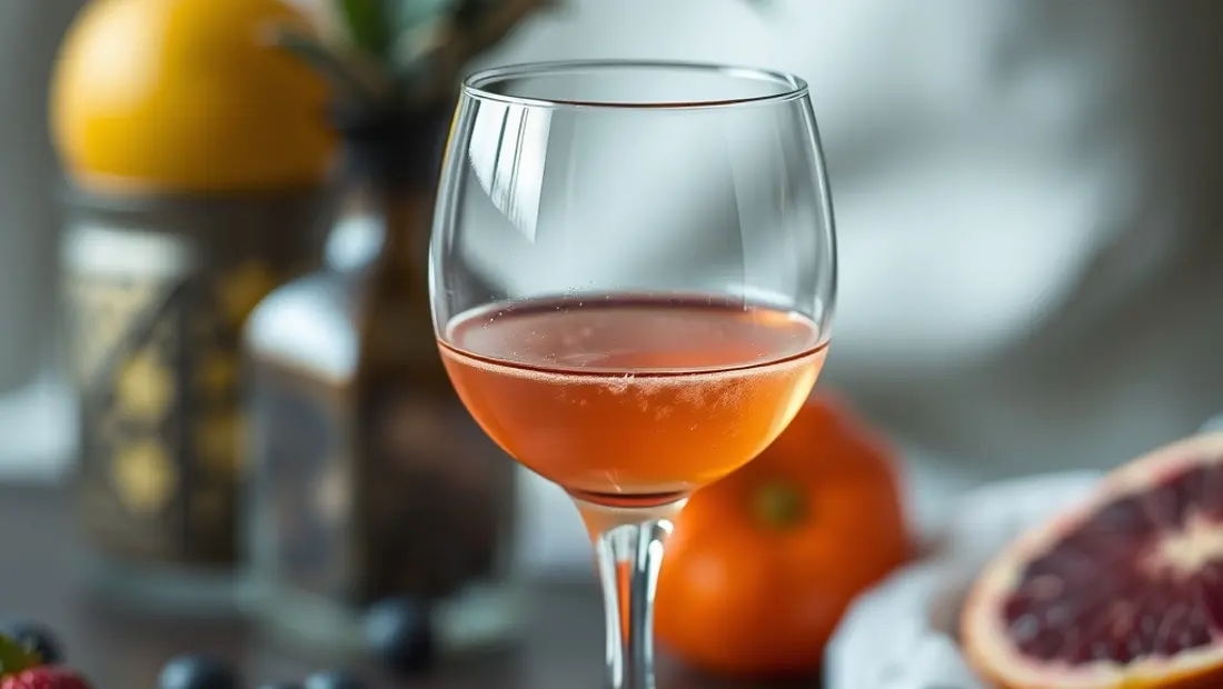 Verre de liqueur avec glaçon et fruits.