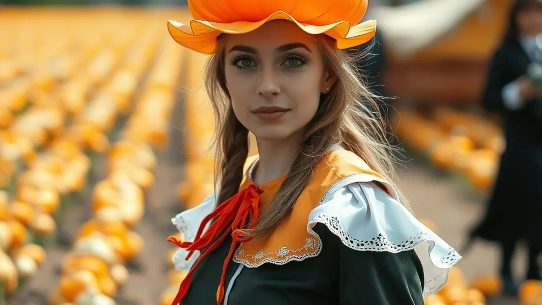 Femme en costume citrouille dans un champ de citrouilles