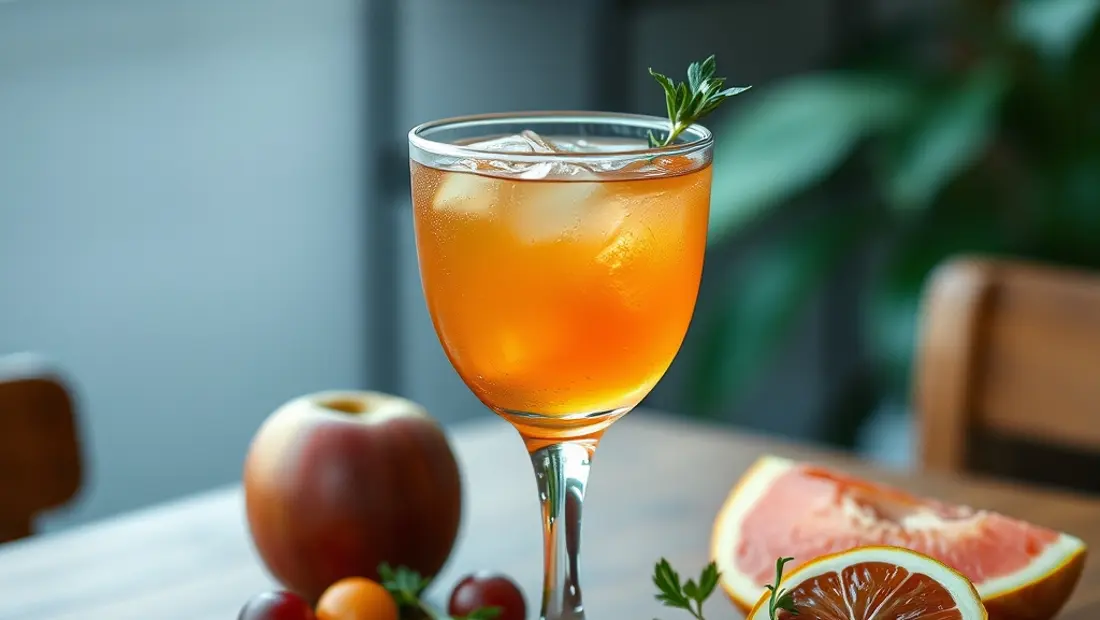 Cocktail en verre sur table de bois avec fruits et herbes.