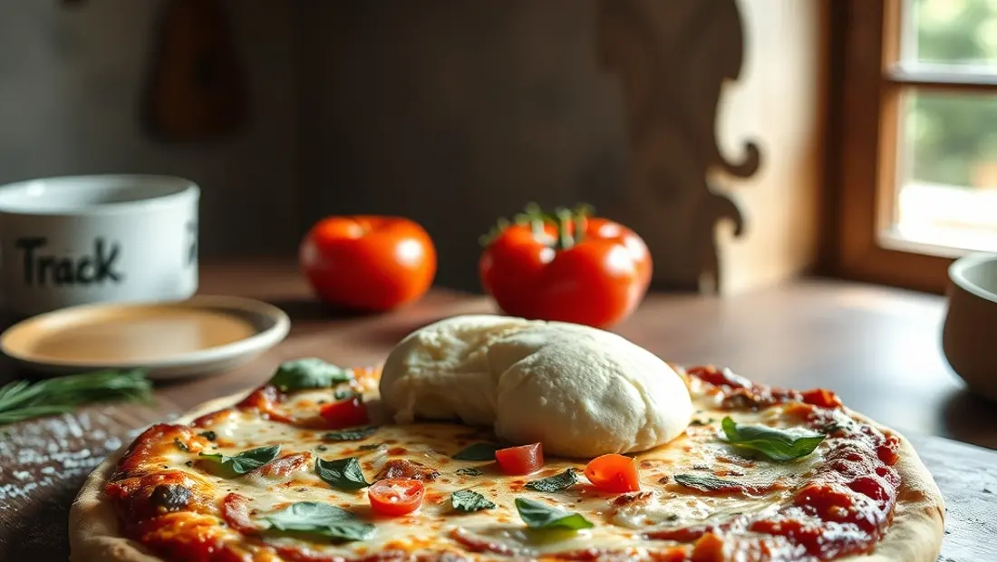 Pâte à pizza cuite avec ingrédients italiens dans un intérieur rustique
