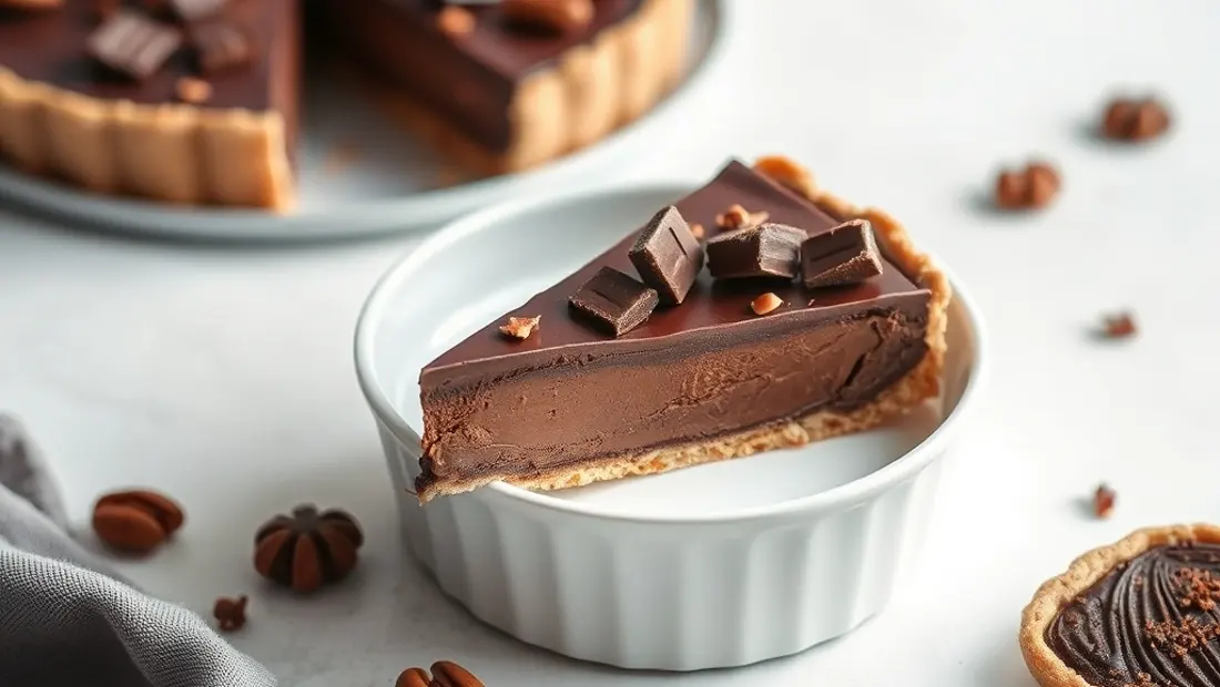 Tarte au chocolat revisitée avec chocolat et noix de pécan.
