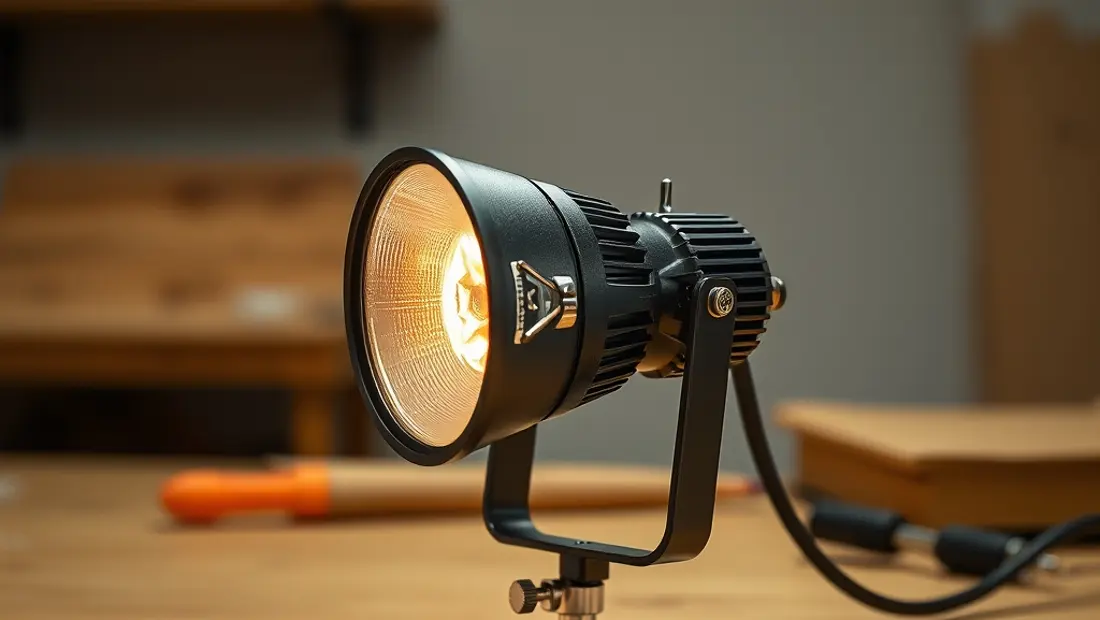 Ampoule LED posée sur un plan de travail en bois