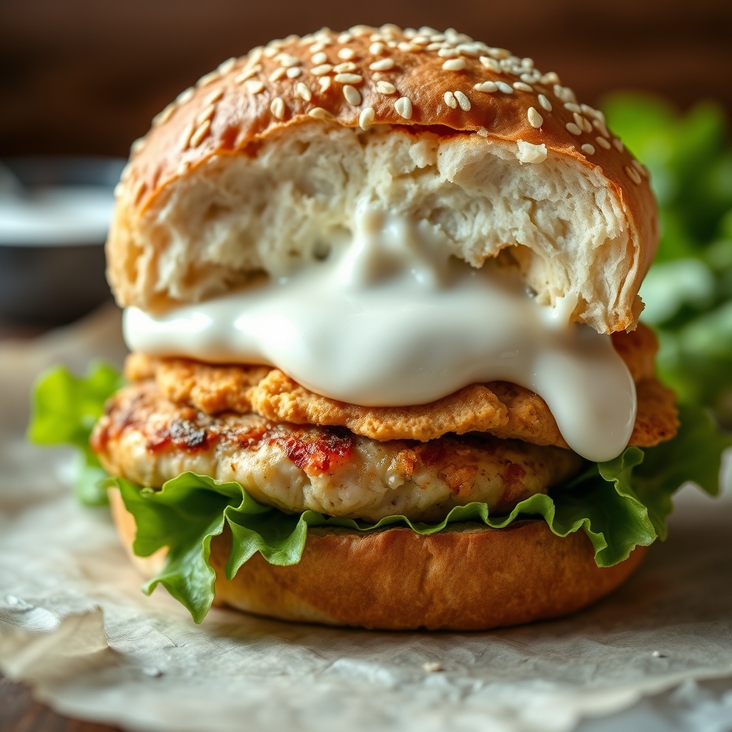 Burger au poulet coupé en deux, garni de sauce blanche crémeuse